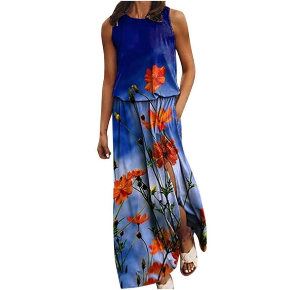 Sundresses for Women Casual Summer - Women Boho Maxi Dress with Pocket Summer Striped Floral Sleeveless Sundress Slit Beach Party Vintage Long Tank Dress