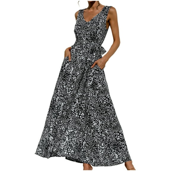 Sundresses for Women Casual Summer - Women's Boho Summer V Neck Sleeveless Flowy Beach Party Maxi Dress Leopard Print A Line Swing Tank Dress with Belt