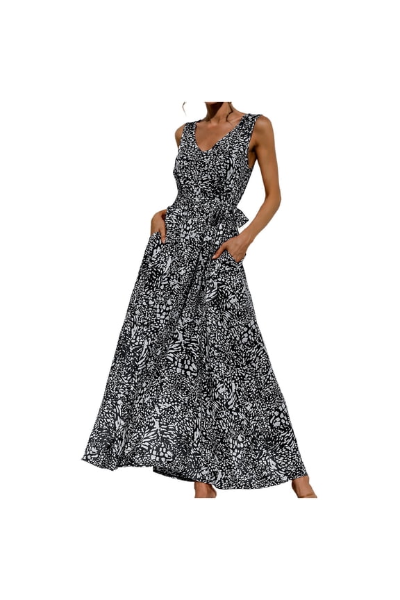 Sundresses for Women Casual Summer - Women's Boho Summer V Neck Sleeveless Flowy Beach Party Maxi Dress Leopard Print A Line Swing Tank Dress with Belt