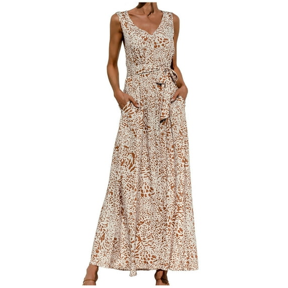 Sundresses for Women Casual Summer - Women's Boho Summer V Neck Sleeveless Flowy Beach Party Maxi Dress Leopard Print A Line Swing Tank Dress with Belt