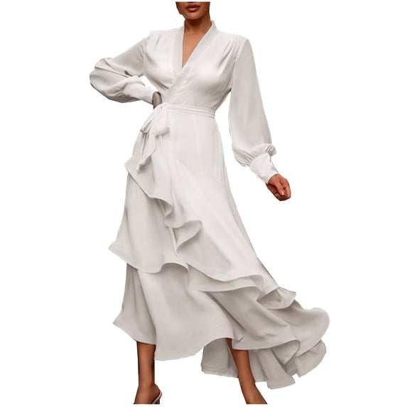 Sundresses for Women Casual Summer - Womens Summer Casual Boho Wrap V Neck Long Sleeve Evening Dress Cocktail Party Maxi Wedding Dresses Tiered with Belt