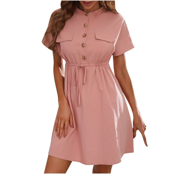 Sundresses for Women Casual Summer - Work Dresses for Women Casual V Neck Summer Dress Solid Color Ruffled Short Sleeve Wrap V Neck Swing Dress with Belt