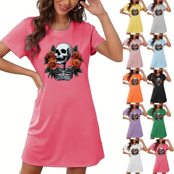 Sundresses for Women Plus Size Maxi Dress Summer Dresses Casual Halloween Women's Large Size Short Nightdress With Chest Print Round Neck And Short Sleeves Hot Pink L