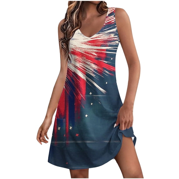 Sundresses for Women 1776-2026 250 Anniversary USA Flag Print V Neck Mini Tank Dress Beach Dress with Pocket
