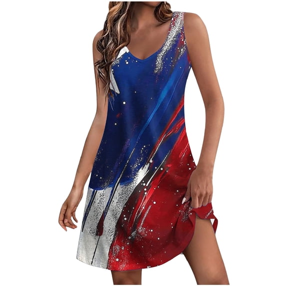 Sundresses for Women 1776-2026 250 Anniversary USA Flag Print V Neck Mini Tank Dress Beach Dress with Pocket