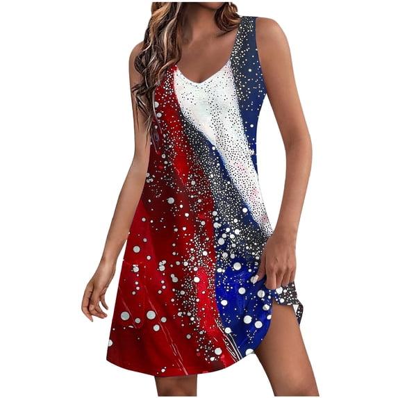 Sundresses for Women 1776-2026 250 Anniversary USA Flag Print V Neck Mini Tank Dress Beach Dress with Pocket
