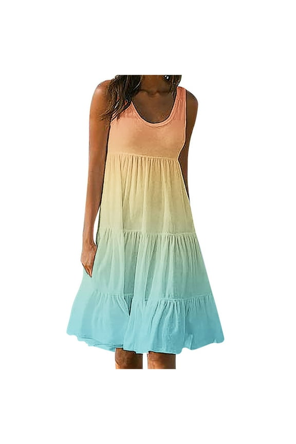 Sundresses for Women 2024 Sleeveless Cute Petite Mini Dress Tiered Summer Flowy Boho Sundress Beach Wear