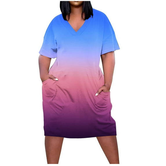 Sundresses for Women 2025 Summer Beach Plus Size Fashion T Shirt Dress Elegant Pocket Sundresses V Neck Dresses