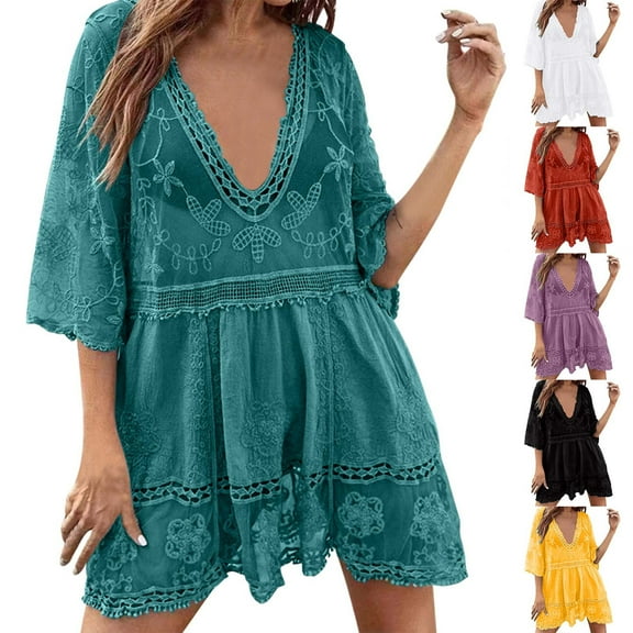 Sundresses for Women 2025 Free Size Deep V-Neck 3/4 Short Sleeve Summer A-Line Vacation Mini Dresses for Women Beach Fashion Green