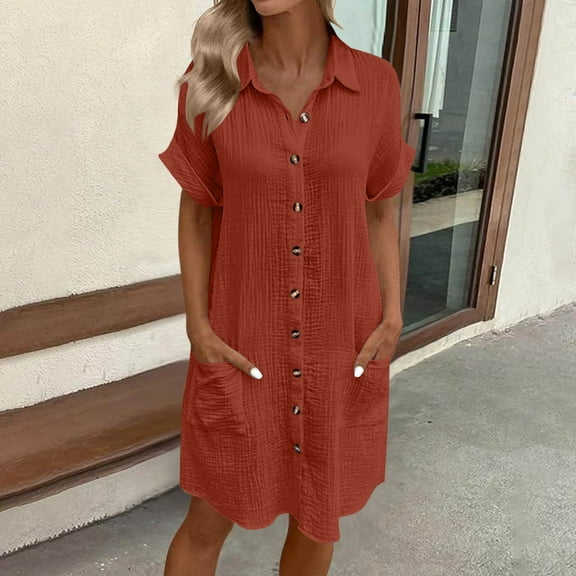 Sundresses for Women 2025 New Woman Fashion Solid Color Button Pocket Short Sleeve Turndown Collar Blouse Dress Brown S-Xxl