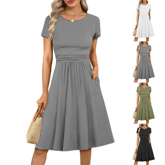 Sundresses for Women 2025 Plus Size Short Sleeve Crew Neck A-Line Flowy Pleated Waist Summer Midi Swing Beach Dresses Green XL