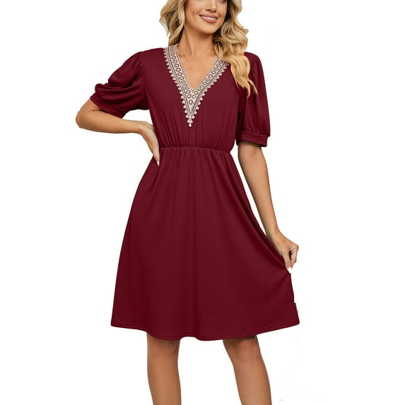 Sundresses for Women 2025 V Neck Solid Short Sleeve Dress Casual Comfy A Line Swing Midi Dresses with Pockets