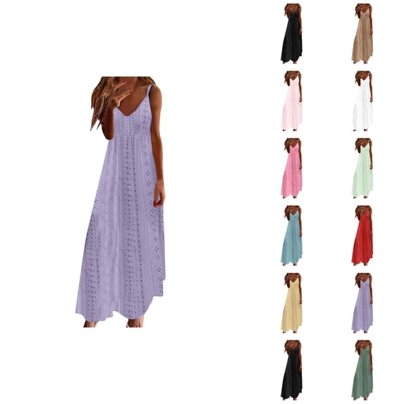 Sundresses for Women 2026 Trendy Sleeveless V Neck Spaghetti Strap Eyelet Flowy Maxi Dress Summer Beach Vacation Dress