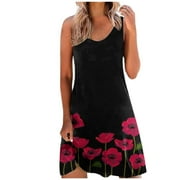 Sundresses for Women Casual Summer - Beach Dresses for Women Casual Summer Sleeveless Sundress Knee Length Midi Dress Boho Floral Vacation Tank Dress