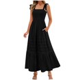 thumbnail image 1 of Sundresses for Women Casual Summer New Women's Summer Boho Maxi Dress Beach Vacation Casual Smocked a Line Sundress with Pockets Black XXL, 1 of 9