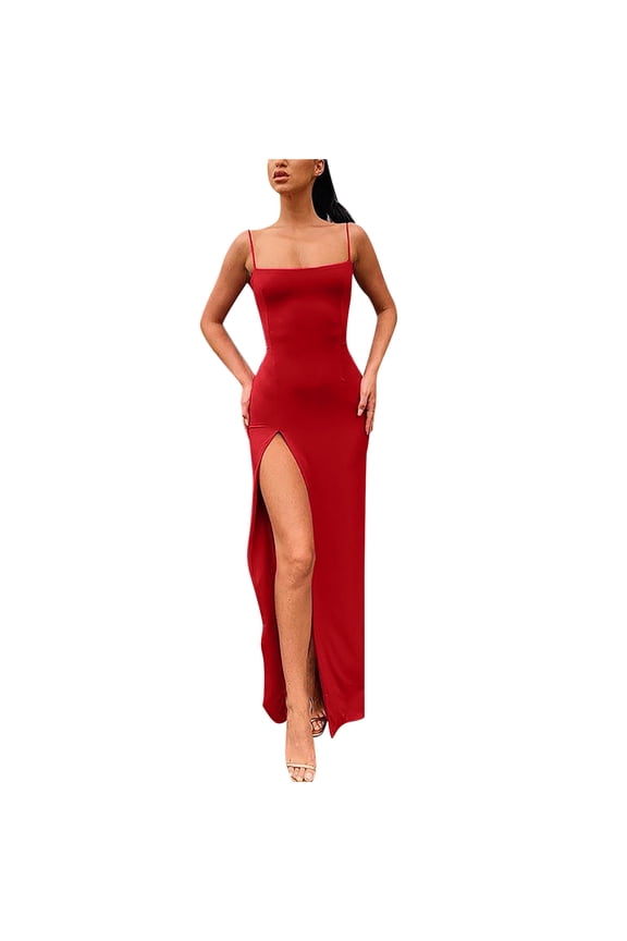 Sundresses for Women Casual Summer - Women's Sleeveless Spaghetti Strap Bodycon Party Slip Cami Wrap Dress Sexy High Slit Club Maxi Long Dress