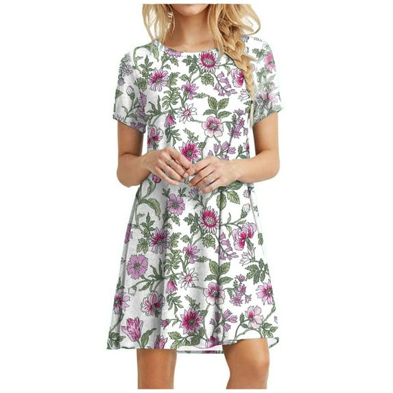 Sundresses for Women Casual Summer - Women's Summer Short Sleeve Crew Neck T Shirt Dress Casual Loose Swing Dress Floral Print Beach Dresses