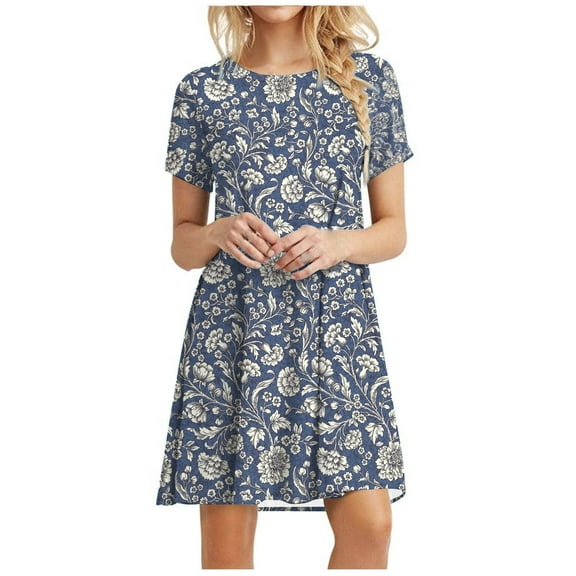 Sundresses for Women Casual Summer - Women's Summer Short Sleeve Crew Neck T Shirt Dress Casual Loose Swing Dress Floral Print Beach Dresses