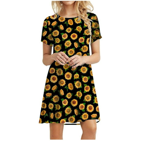 Sundresses for Women Casual Summer - Women's Summer Short Sleeve Crew Neck T Shirt Dress Casual Loose Swing Dress Floral Print Beach Dresses