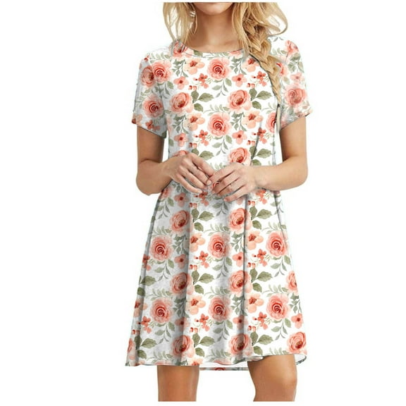 Sundresses for Women Casual Summer - Women's Summer Short Sleeve Crew Neck T Shirt Dress Casual Loose Swing Dress Floral Print Beach Dresses