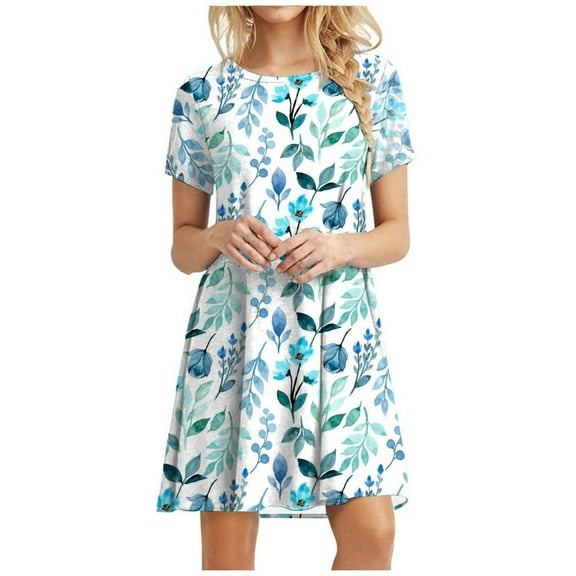 Sundresses for Women Casual Summer - Women's Summer Short Sleeve Crew Neck T Shirt Dress Casual Loose Swing Dress Floral Print Beach Dresses