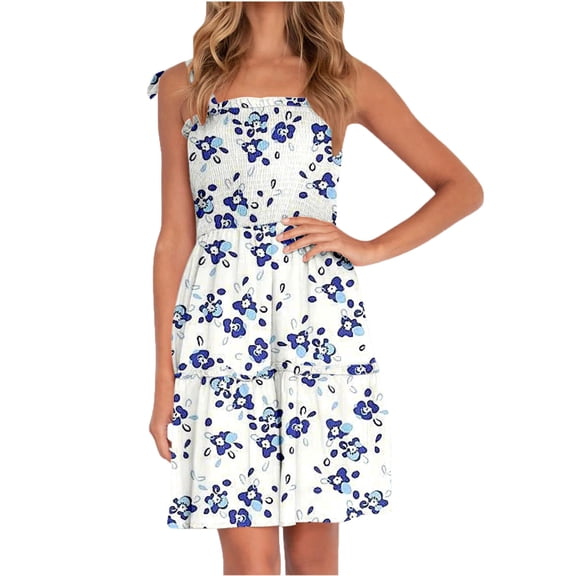 Sundresses for Women Casual Summer - Women's Summer Spaghetti Strap Sleeveless Square Neck Ruffle A Line Swing Midi Dress Smocked Floral Casual Dress