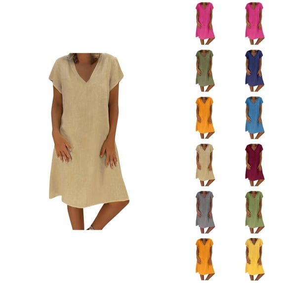 Sundresses for Women Cotton Linen Short Sleeve V Neck Loose Fit Flowy Midi Dress Summer Beach Vacation Dress