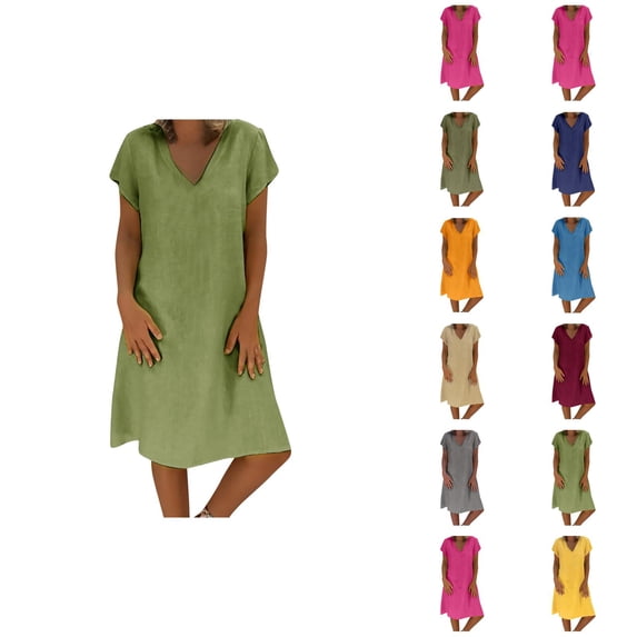 Sundresses for Women Cotton Linen Short Sleeve V Neck Loose Fit Flowy Midi Dress Summer Beach Vacation Dress