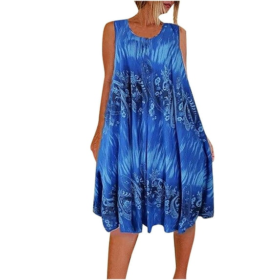 Sundresses for Women Fashion Vintage Printed Summer Round Neck Sleeveless Midi Dresses Casual Loose Plus Size Dress Vacation Beach Dress Blue XXXXL