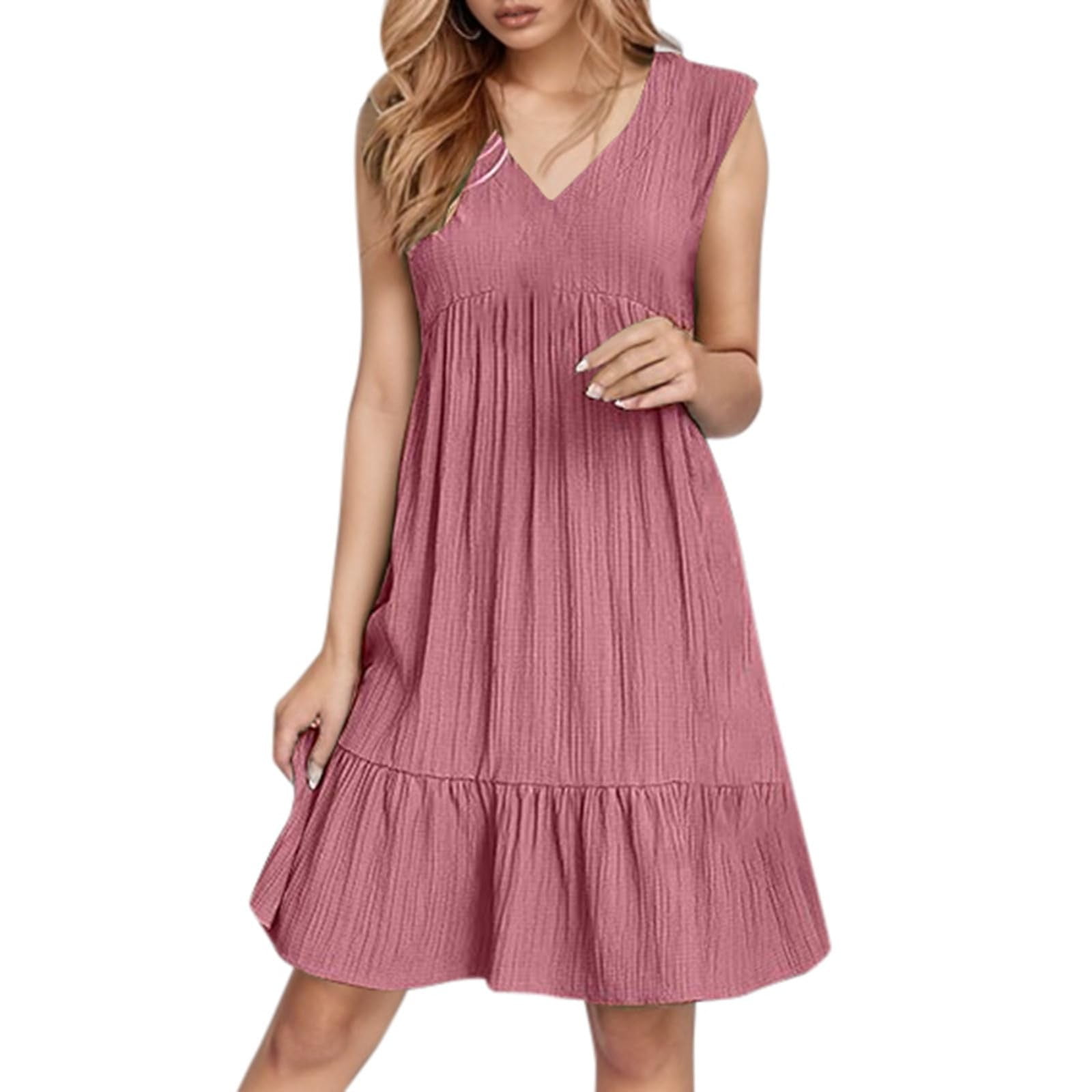 Sundresses for Women Over 50 Ruffle Tiered Layered V Neck Cotton Linen  Flowy A-Line Dresses Knee Length Sleeveless Modest Short Dresses Pink L -  Walmart.com