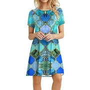 USSUMA Sundresses for Women Short Sleeve T Shirt Beach Dresses Crewneck Summer Dress Boho Casual A Line Mini Party Dress