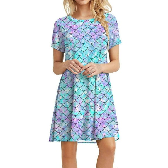 Sundresses for Women Short Sleeve T Shirt Beach Dresses Crewneck Summer Dress Boho Casual A Line Mini Party Dress