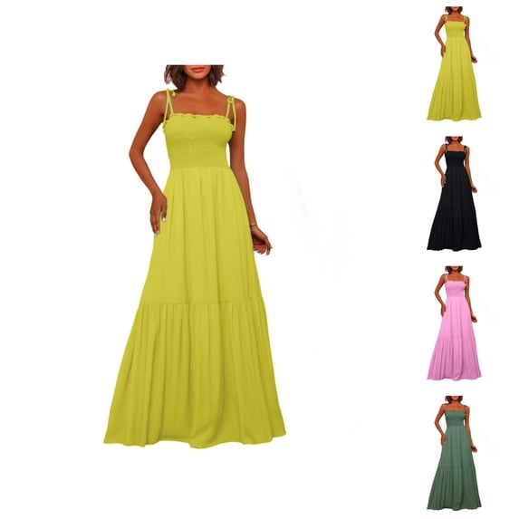 Sundresses for Women Sleeveless Spaghetti Strap Smocked Waist Ruffle Flowy Maxi Dress Summer Casual Beach Vacation Dress