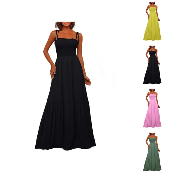 Sundresses for Women Sleeveless Spaghetti Strap Smocked Waist Ruffle Flowy Maxi Dress Summer Casual Beach Vacation Dress