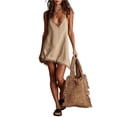 thumbnail image 1 of Sundresses for Women Spaghetti Strap V Neck Fringe Mini Dress Solid Causal Loose Summer Dress, 2XL, 1 of 4