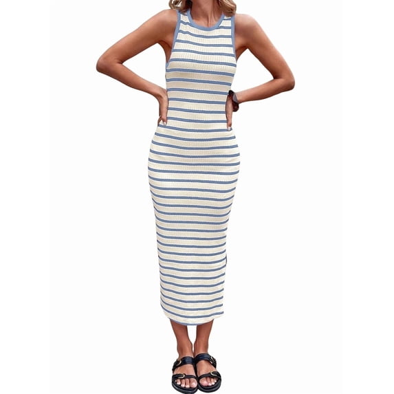 Sundresses for Women Summer Striped Knit Side Slit Bodycon Maxi Dress Beach Vacation Clothes Blue XL