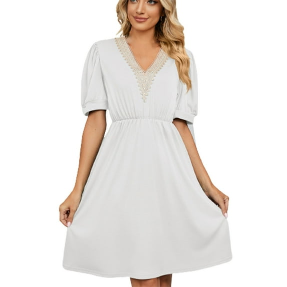 Sundresses for Women V Neck Solid Short Sleeve Dress Casual Comfy A Line Swing Midi Dresses with Pockets Ladies Clothes