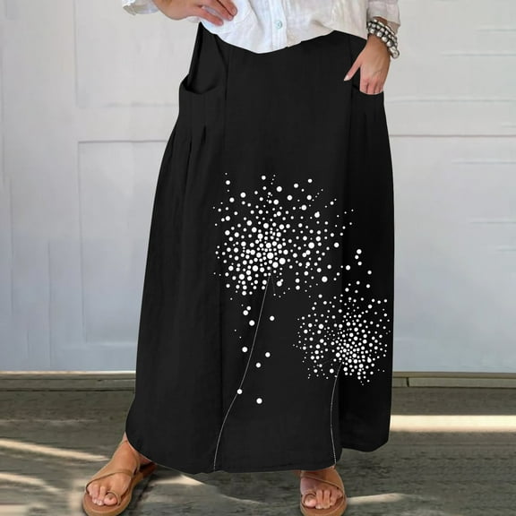 Sundresses for Women Viikei Women's Skirt with Tiered Ruffles,Women's Printed Elastic Waistband Pleated Pocket Skirt With Mid Calf Skirt Black XXXXXL