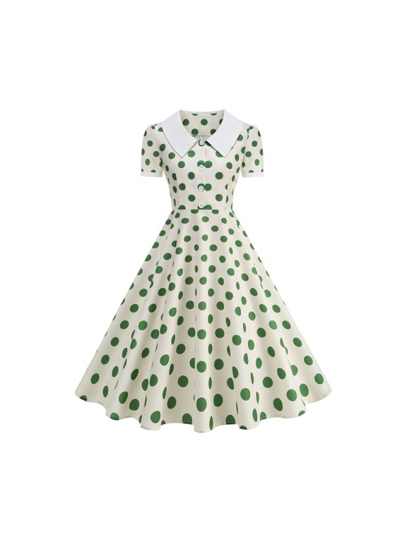 Sundresses for Women Vintage Polka Dot 1950s Short Sleeve Peter Pan Collar A-Line Swing Cocktail Party Evening Prom Gown