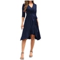 thumbnail image 1 of Sundresses for Women Women's Wrap Dress V Neck 3/4 Sleeve Ruffle Hem Midi Dress Casual Work Dress Evening Cocktail Party Dress S-18 Navy S, 1 of 6