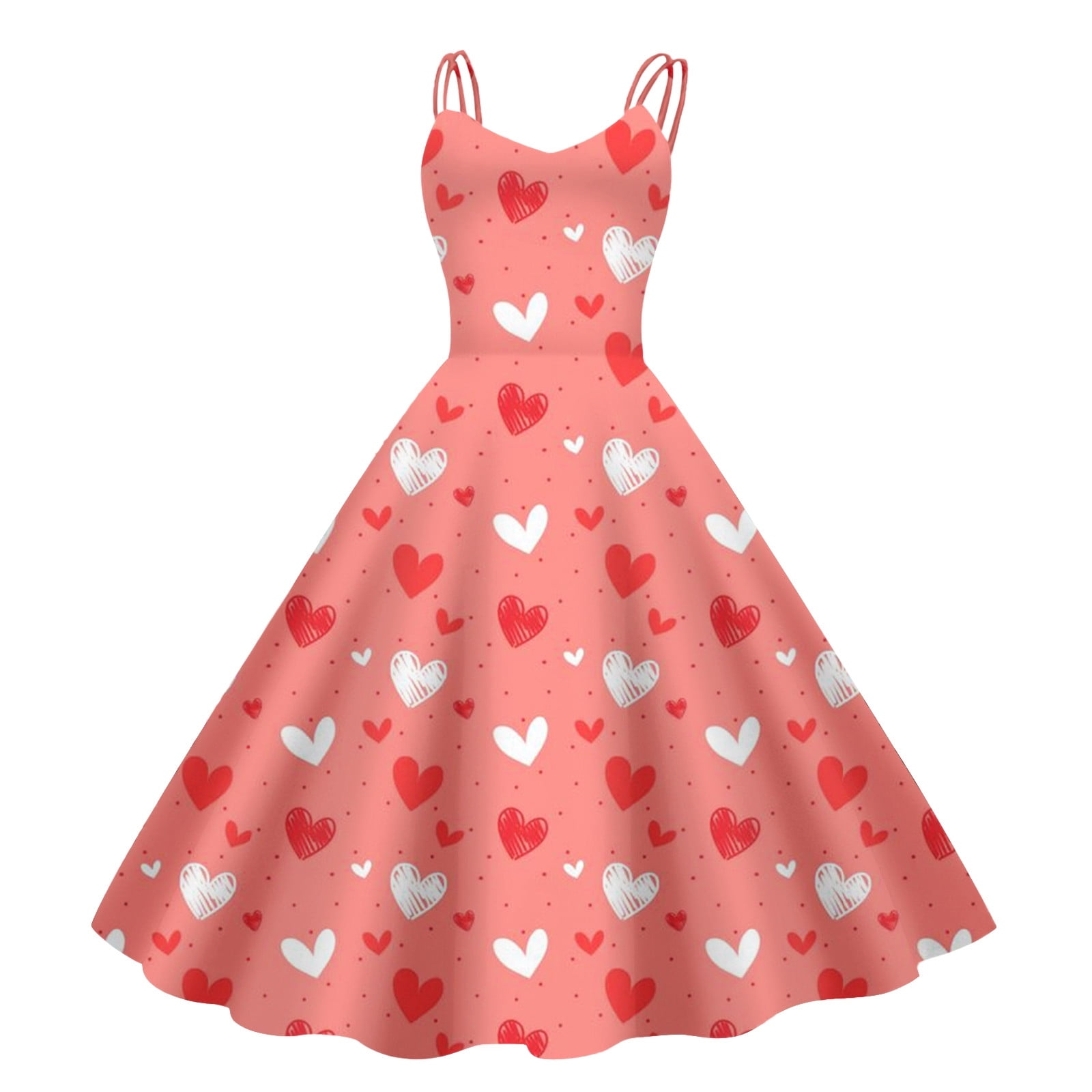 formal valentines dress Sundresses for women 2026 Fashion Day Heart Flower Printed Round Neck Strap Retro Party Dresses middle school school dance valentines day dresses