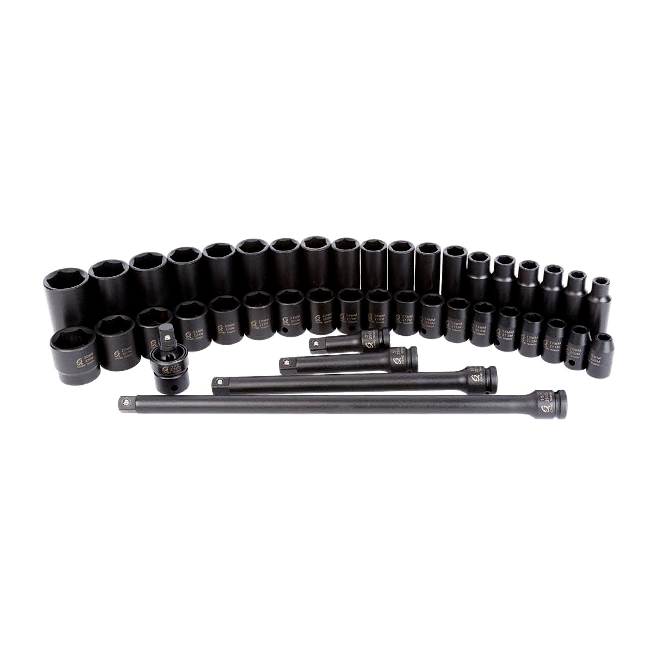 Sunex 2569, 1/2" Drive Master Impact Socket Set, 43Piece, Metric, 9mm - 30mm, Standard/Deep, Cr-Mo Alloy Steel, Radius Corner Design, Heavy Duty Storage Case, Universal Joint & Impact Extensions