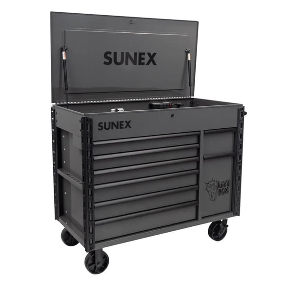 Sunex Juic'd Box 50 Inch 7 Drawer Powered Rolling Tool Cart With Dedicated Power Tool Storage Gray