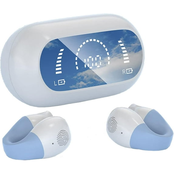 Sunffice Mini Wireless Ear Clip Bone Conduction Headphones Open Ear Earbuds Bluetooth Earclip Wireless Headset Android iPhone, Clip On Sport Earbuds Waterproof Outer Headphones Cycling Running-Blue