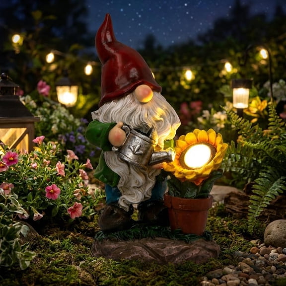 SunfloWER gARDEN gNOMES dECORATIONS FOR yARD WITH sOLAR lIGHTS, cUTE rESIN gARDEN sCULPTURES & sTATUES FOR oUTDOOR pATIO lAWN oRNAMENTS,iDEAL gIFTS FOR mOM wOMEN AND mAN, 11.4"