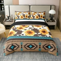 Sunflower 100% Cotton Duvet Cover Twin Size, Boho Retro Stripe Soft Comforter Cover For Bed, Flowers Cow Pattern Bohemian Print Bedding Set （No Comforter）
