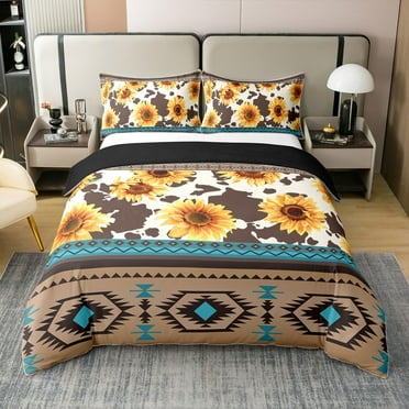 Sunflower 100% Cotton Duvet Cover Twin Size, Boho Retro Stripe Soft Comforter Cover For Bed, Flowers Cow Pattern Bohemian Print Bedding Set （No Comforter）