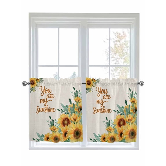 Sunflower 2 Panel Kitchen Curtains for Small Windows, Summer Botanical Farmhouse Yellow Floral Rustic Bathroom Tier Curtain, Short Window Treatment for Bedroom/Living Room 55"x24"