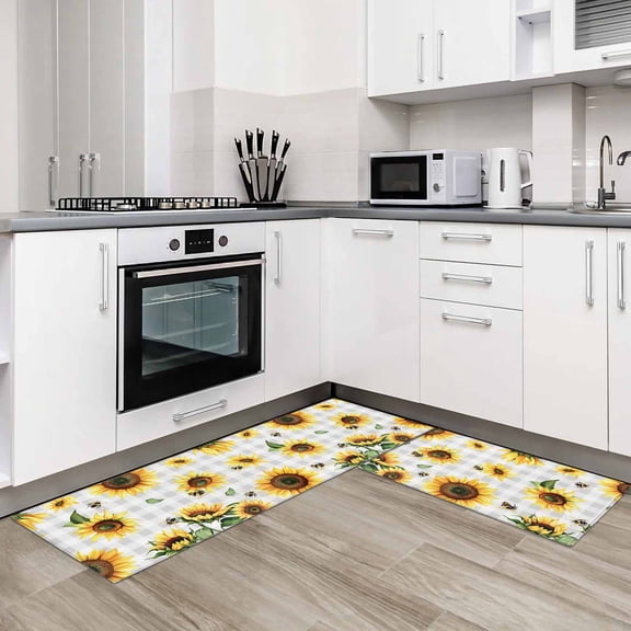 Sunflower 2 Pieces Non-Slip Kitchen Mat Set Farmhouse Grey Buffalo Check Floral Bee Soft Door Mat with Rubber Backing,Dirtproof Rugs for Entrance Doorway 19.7x31.5in+19.7x47.2in
