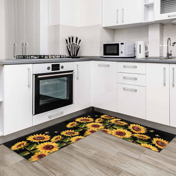 Sunflower 2 Pieces Non-Slip Kitchen Mat Set Summer Bee Botanical Floral Black Soft Door Mat with Rubber Backing,Dirtproof Rugs for Entrance Doorway 23.6x35.4in+23.6x70.9in